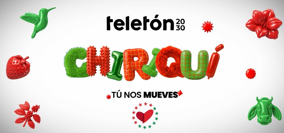 Pieza oficial de Teletón Chiriquí 2026: la palabra CHIRIQUÍ construida con letras táctiles, rodeada por los objetos de la región.