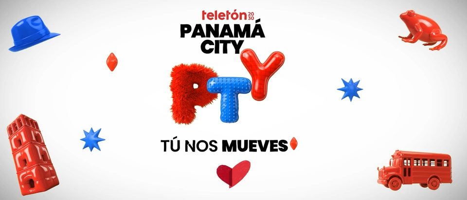 Pieza oficial de Teletón Panamá City 2026: las siglas PTY construidas con letras táctiles bajo el logotema PANAMÁ CITY, rodeadas por el sombrero, la rana dorada, la torre de Panamá Viejo y el diablo rojo.